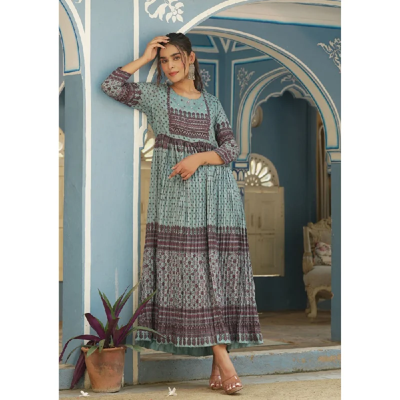 Juniper Sky Blue Muslin Festive Printed Flared Dress For Women