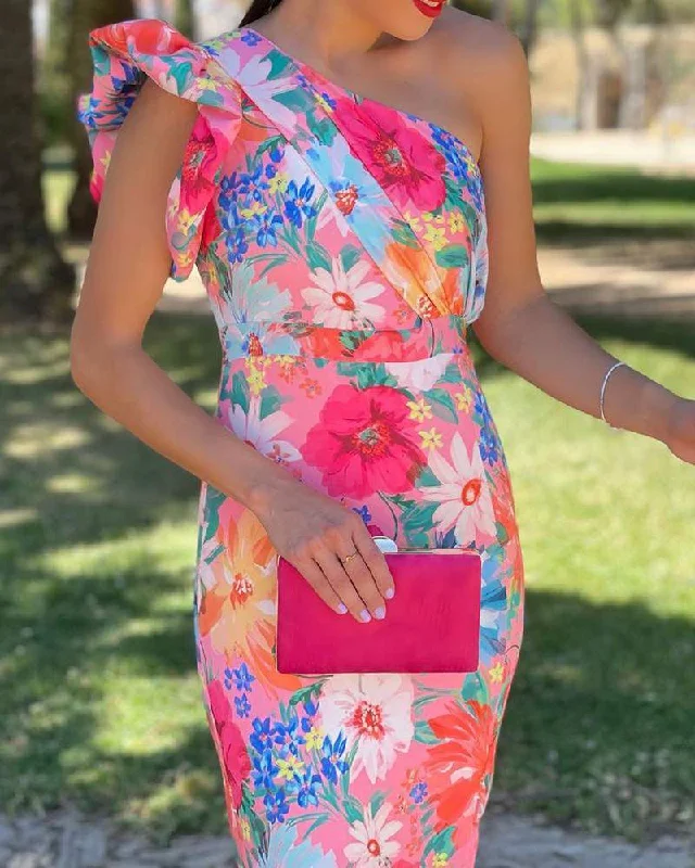 One Shoulder Ruffles Slit Floral Print Dress
