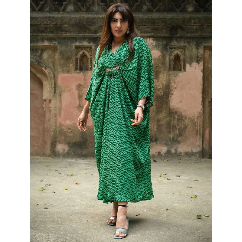 First Resort by Ramola Bachchan Fluorescent Green Silk Kaftan Dress with Butterfly Motif