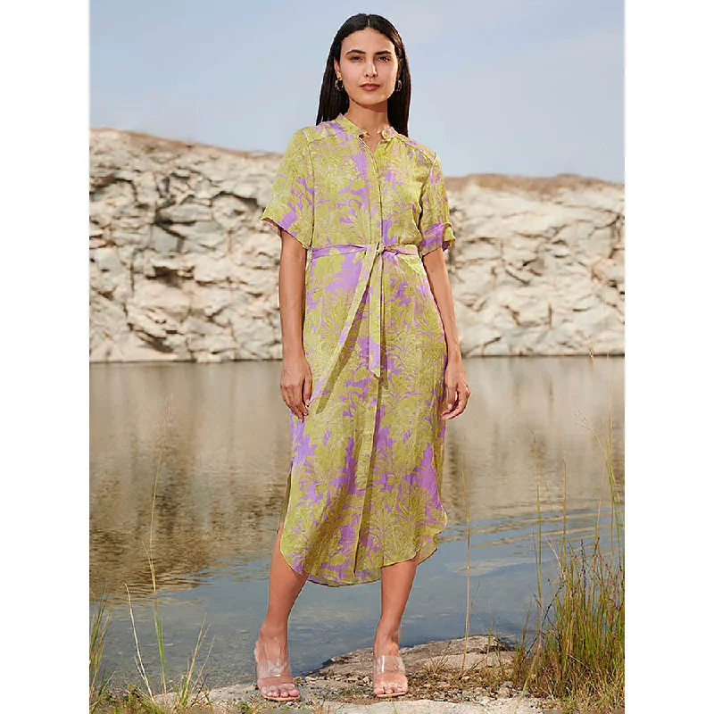 House of Soi Purple & Green Audrey Printed Dress with Belt (Set of 2)
