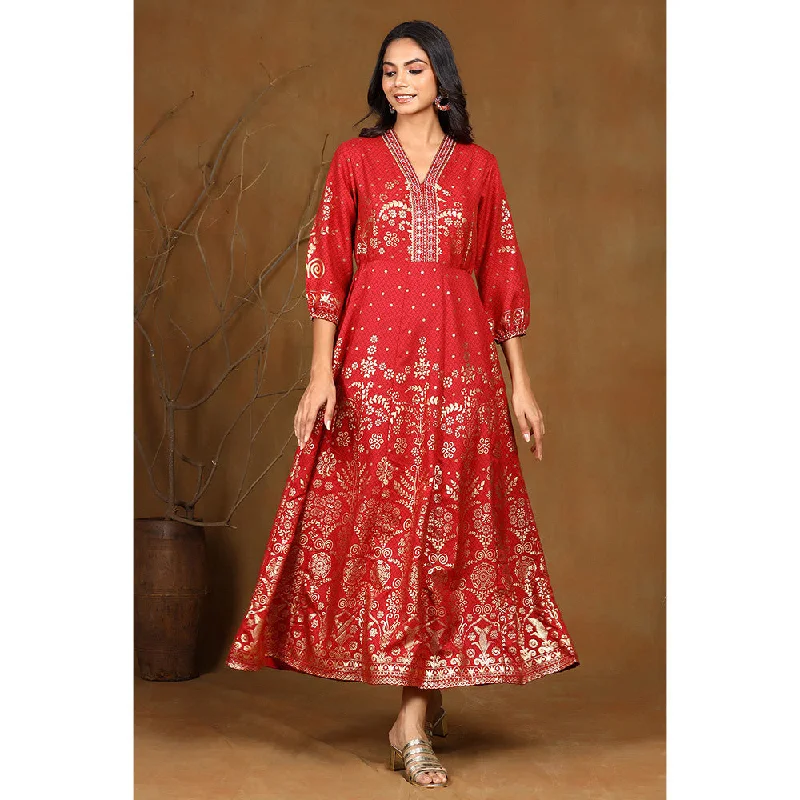 Juniper Maroon Ethnic Motif Printed Rayon Anarkali Dress.