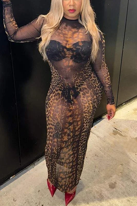 LEOPARD PRINT MESH LONG DRESS