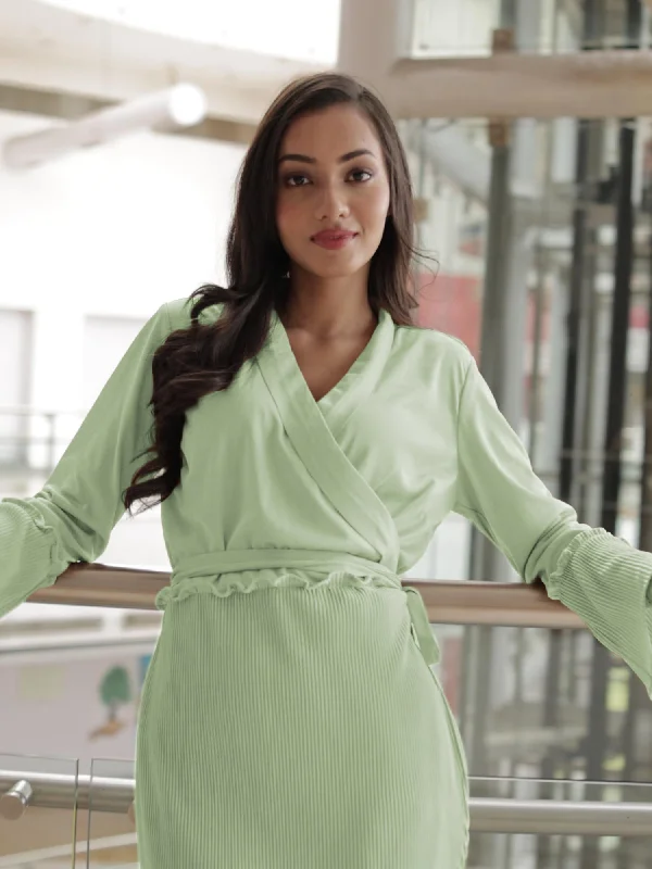PLEATED WRAP LEMON KNIT DRESS