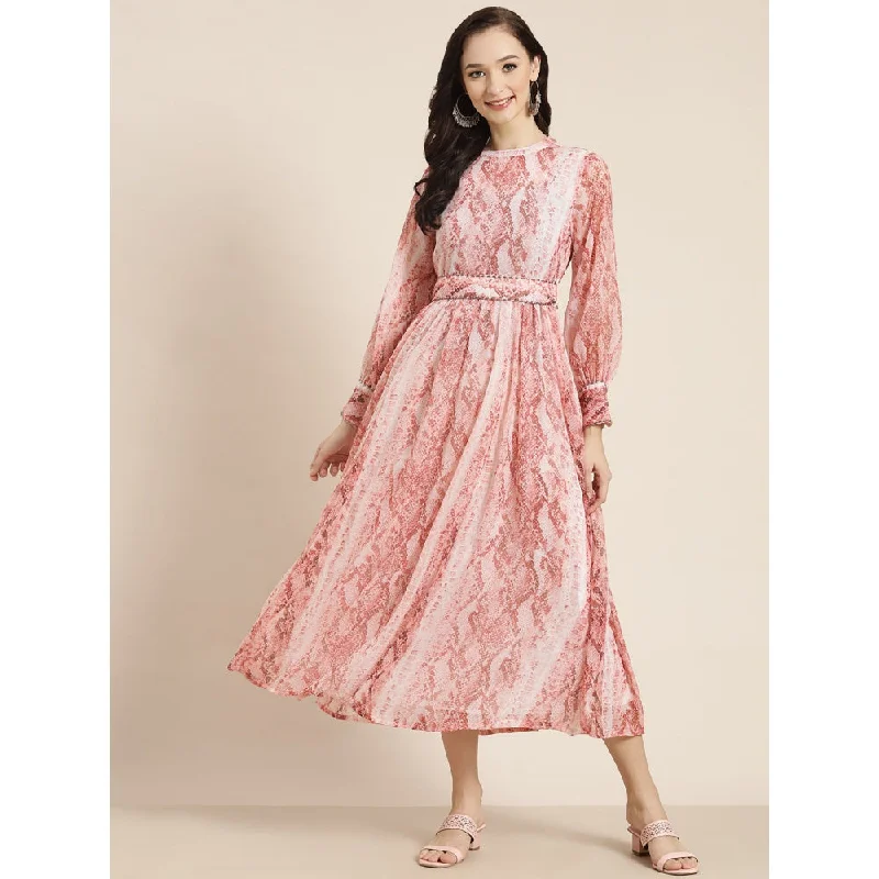 Juniper Peach Chiffon Flared Printed Dress With Tie-Up Belt