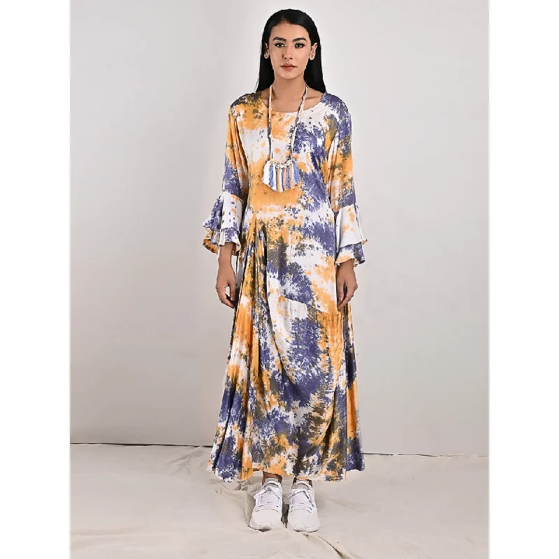 Bohame Eva Blue & Mustard Pleated Dress with Neckpiece (Set of 2)