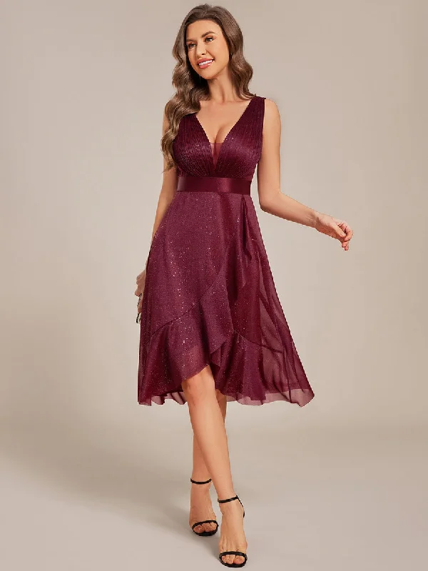 Strapless V-Neck See-Through Shimmer Dress with Asymmetrical Hem Wedding Guest Dress