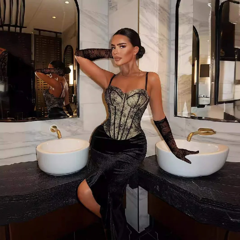 STYLE SEXY STRAP LACE STITCHING LOTUS LEAF DRESS SPRING PERSPECTIVE SUSPENDER DRESS
