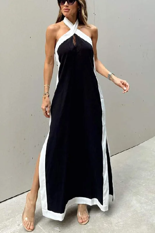 COTTON LINEN BACKLESS NECK SPLIT TEMPERAMENT DRESS
