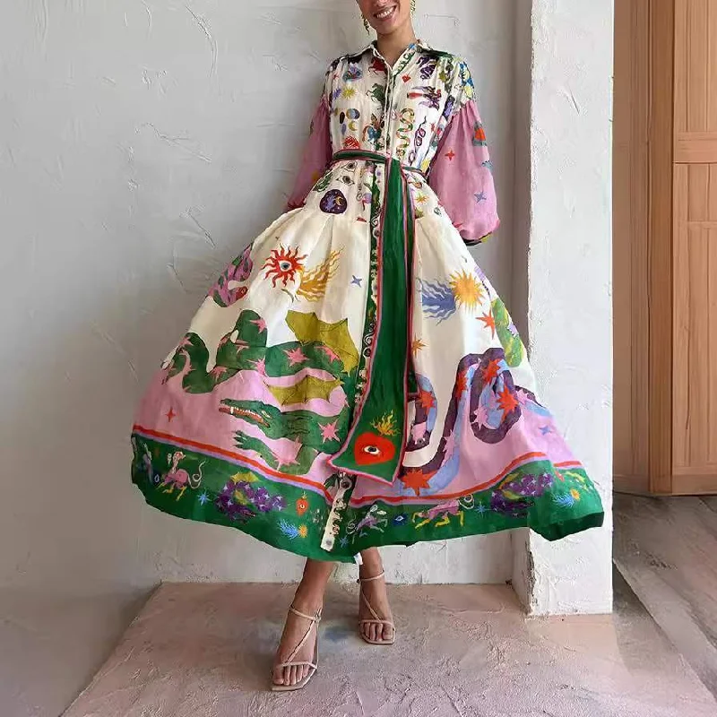 RETRO FRENCH COURT STYLE PLEATED OVERSIZED LONG SLEEVED LOOSE DRESS