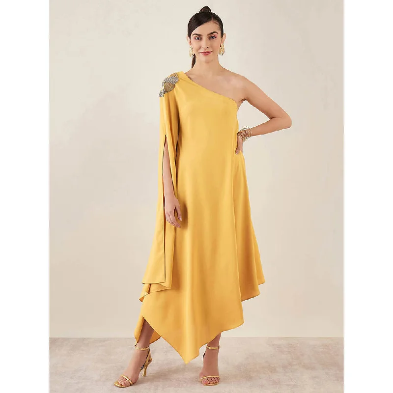 First Resort by Ramola Bachchan Mustard One-Shoulder Crystal Embroidered Dress