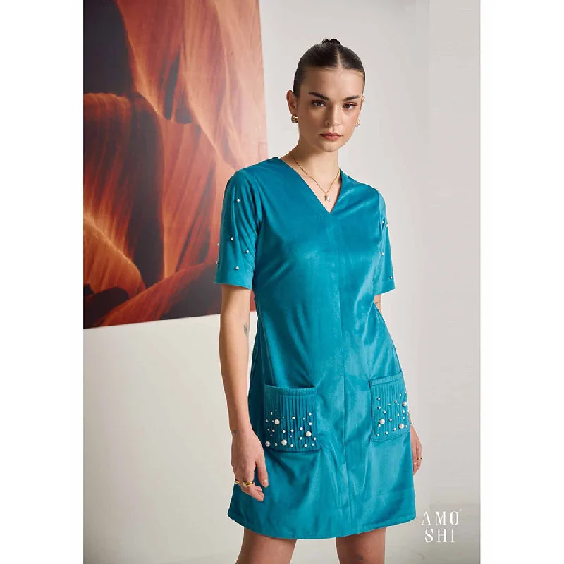 AMOSHI Blue Embellished/Sequined Teal Suede Dress