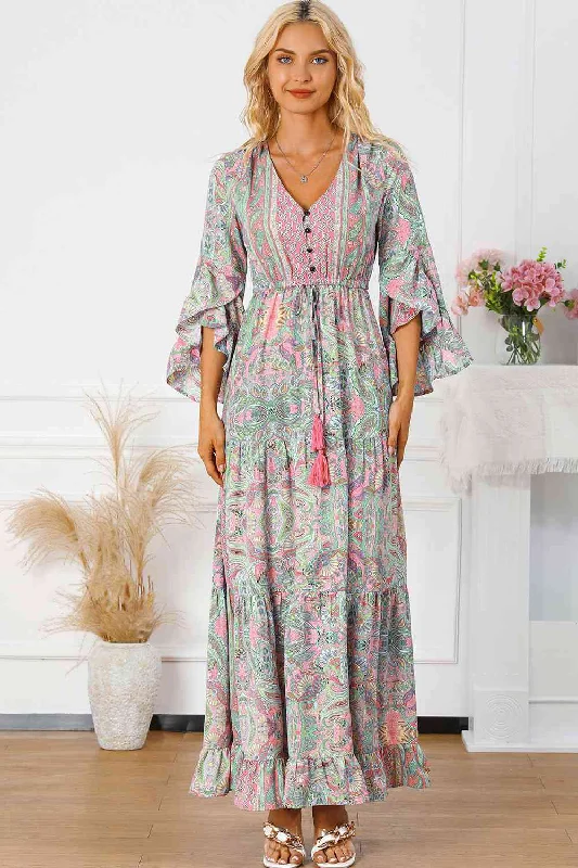 Blue Zone Planet |  Printed Tassel Tie V-Neck Tiered Dress