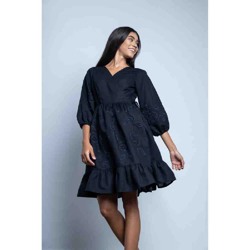 Doodlage Black Embroidered Wrap Around Dress
