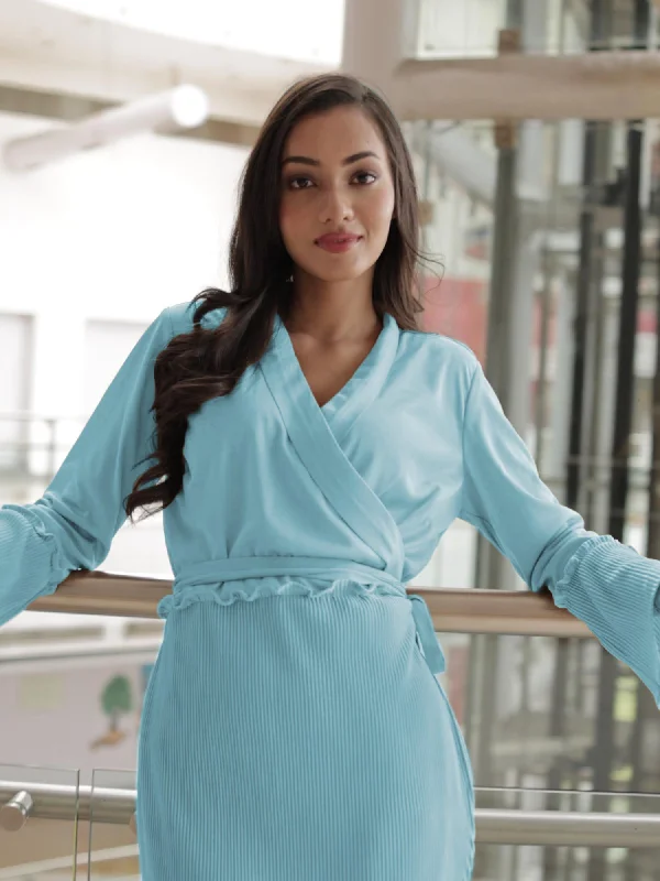 PLEATED WRAP BLUE KNIT DRESS