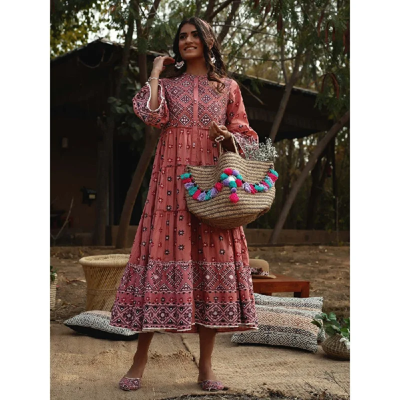 Juniper Peach Cambric Mexican Print Tiered Dress With Mask (Set Of 2)