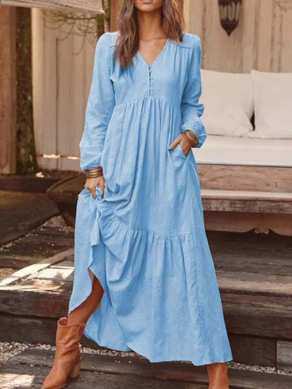 Blue Zone Planet |  Women's Button Cotton Linen Retro Casual Long Sleeve Big Swing Dress