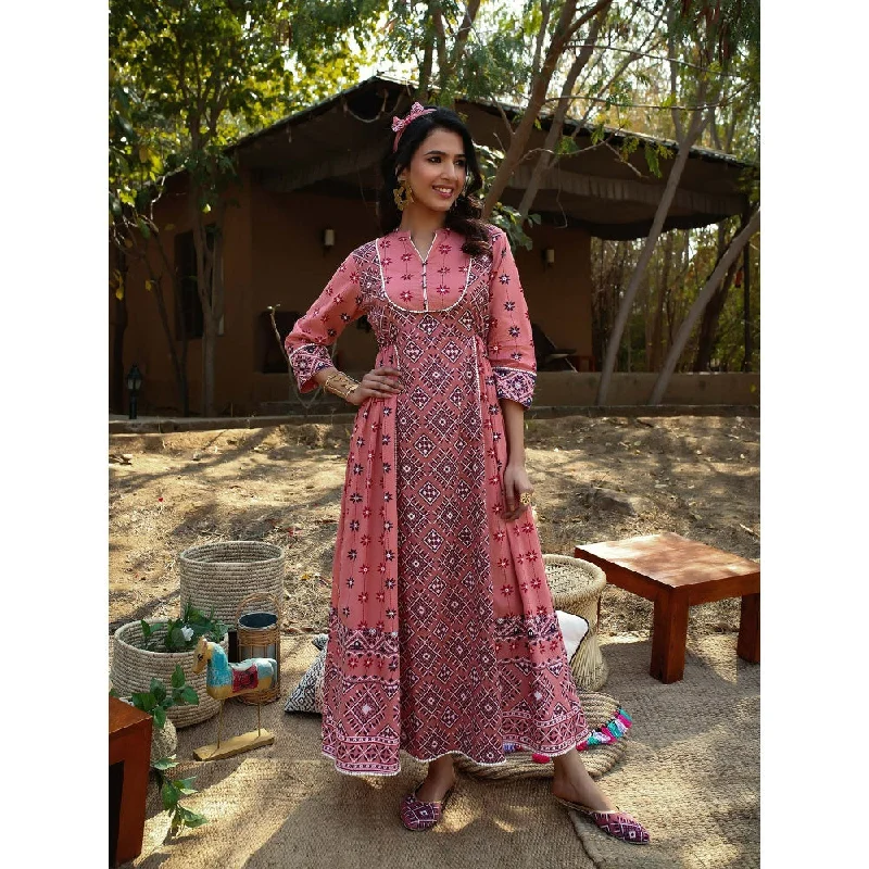 Juniper Peach Cambric Mexican Print Flared Kurta Dress With Mask (Set Of 2)