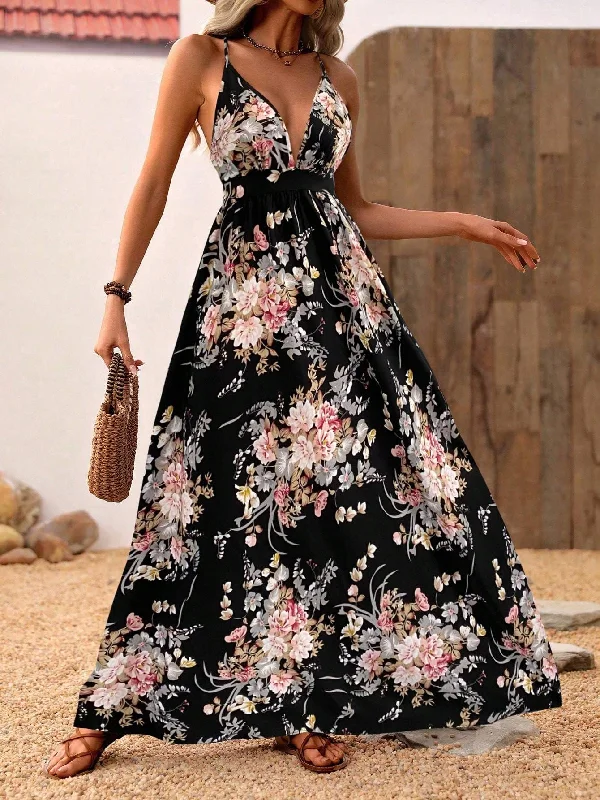 VCAY FLOWER PRINT HALTER NECK BACKLESS DRESS