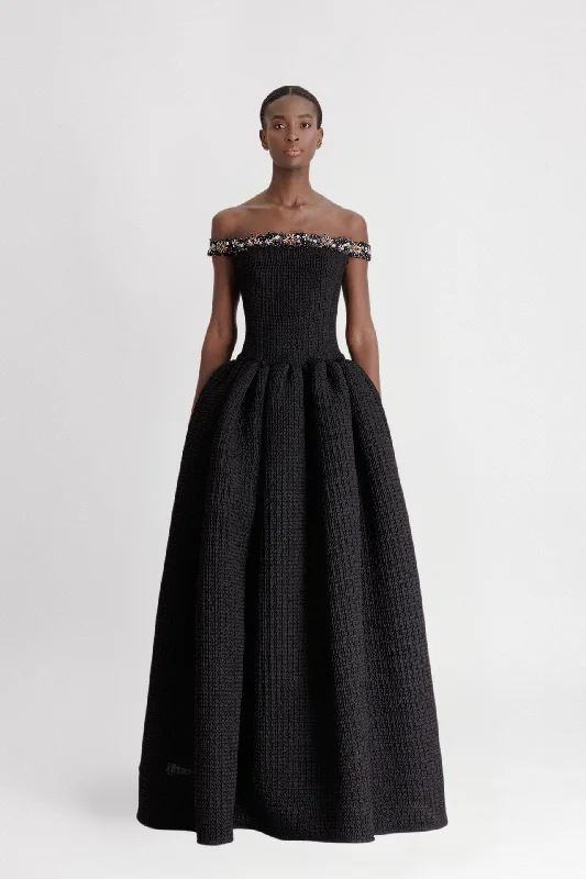 Draped skirt off shoulder jacquard dress