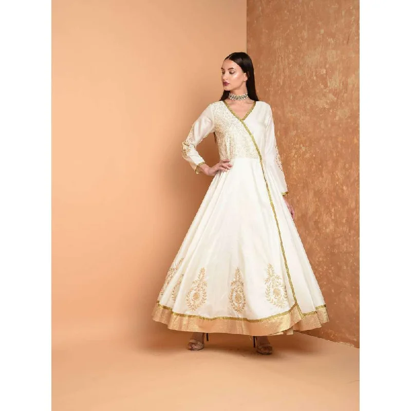 Kaanchie Nanggia Off White Silk Embroidered Anarkali Dress