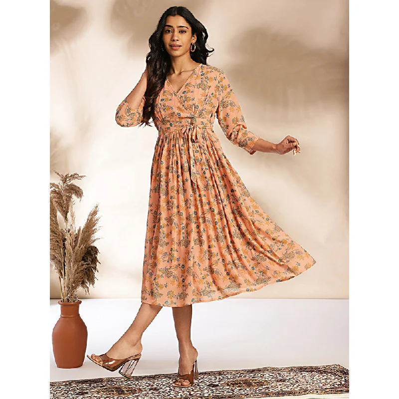 Janasya Womens Peach Georgette Floral Fit & Flare Dress