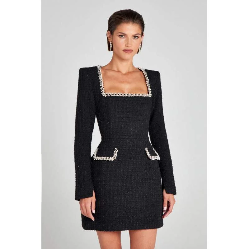 TEMPERAMENT LIM FIT SLIM U NECK LONG SLEEVE BEADS SMALL CHANEL STYLE DRESS WOMEN