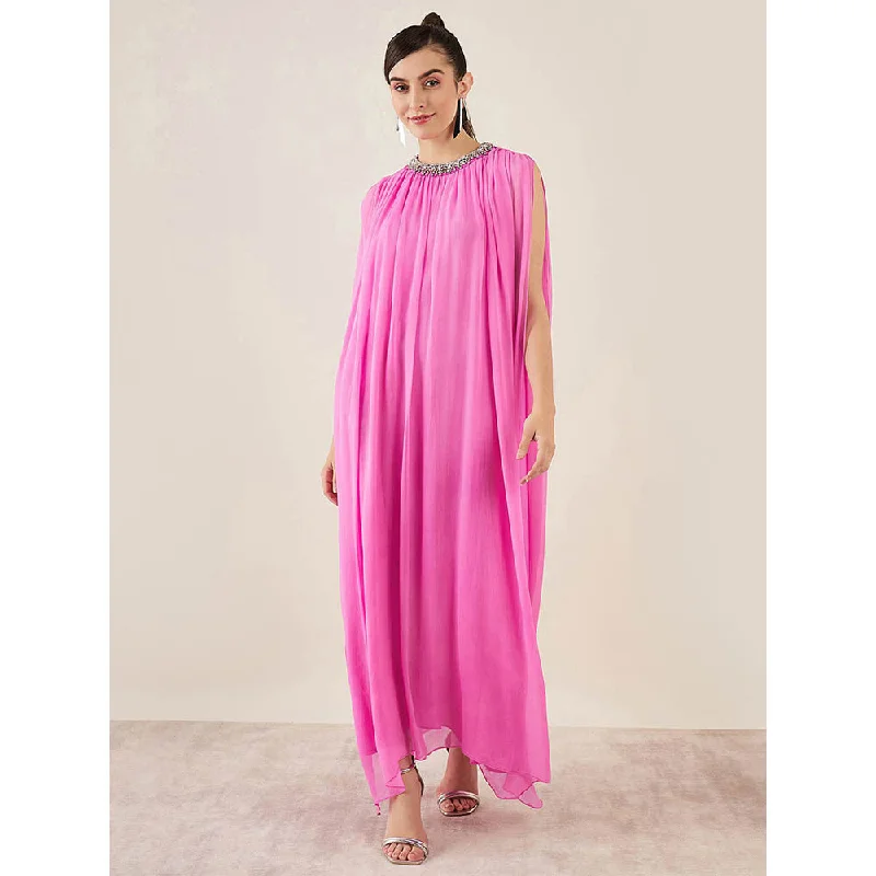 First Resort by Ramola Bachchan Pink Crystal Embroidered & Gathered Silk Full Length Dress