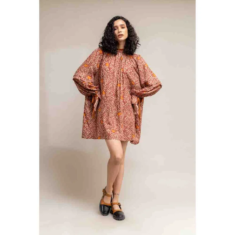 Doodlage Rust Printed Puff Sleeve Dress