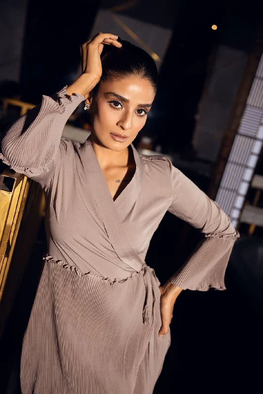 PLEATED WRAP BEIGE DRESS