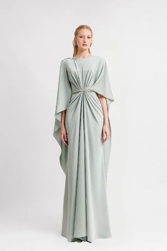 Gathered satin dress with beaded belt