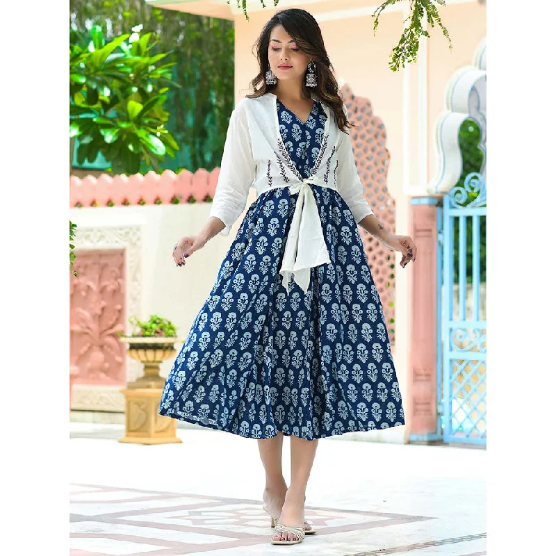 Hatheli Indigo Blue Floral Dress With An Embroidered Tie Up Shrug (Set of 2)