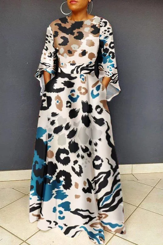 BLUE BLACK CASUAL PRINT PRINTING O NECK PRINTED DRESS DRESSES