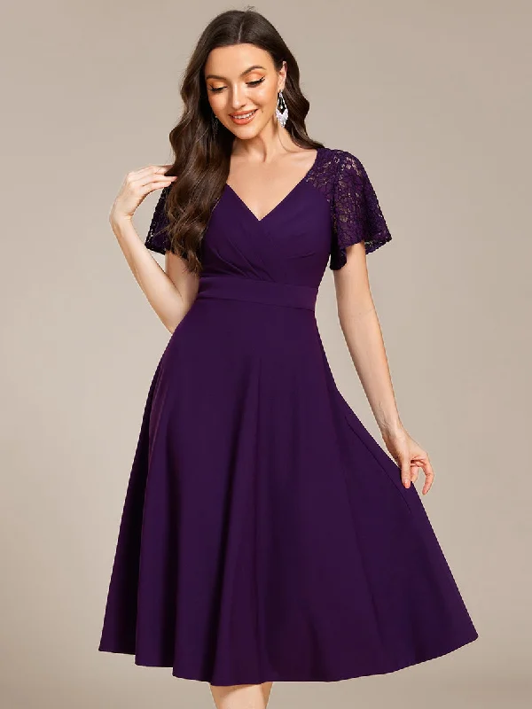 Short Sleeve Ruffle Sweetheart A-Line High Stretch Midi Wedding Guest Dress
