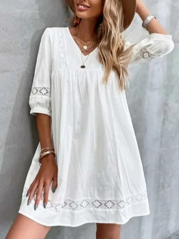 Blue Zone Planet |  New V-neck simple cotton mid-sleeve casual vacation dress