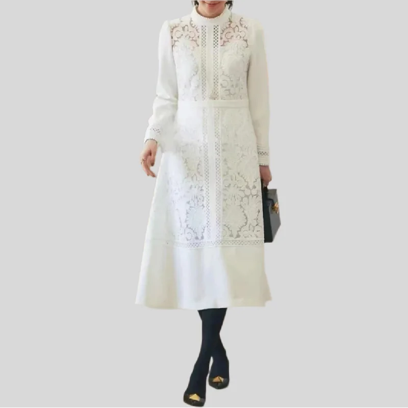 Hollow Out Embroidery Stand Collar Long Sleeve High Waist A Line Dress