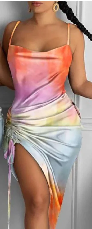 Colorblock Square Neck Slit Drawstring Cami Dress