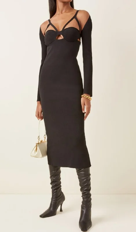 BLACK HOLLOW OUT MIDI BANDAGE DRESS