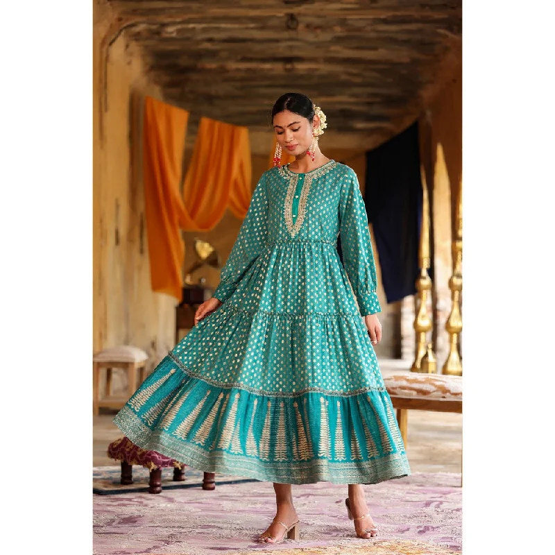 Juniper Teal Poly Rayon Printed Tiered Dress