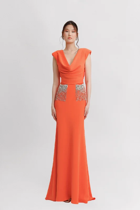 Cowl neckline crepe dress with beaded pockets