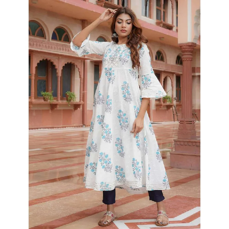 Rangmayee White and Blue Gotta Patti Printed Cotton Anarkali Dress