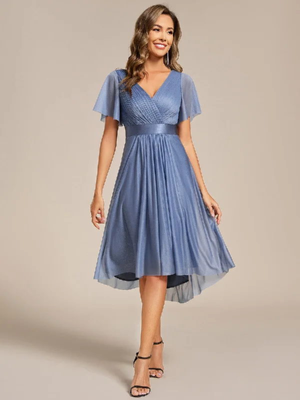 Elegant Ruffles Sleeve Pleated Wedding Guest Shimmer Dresseswith Asymmetrical Hem