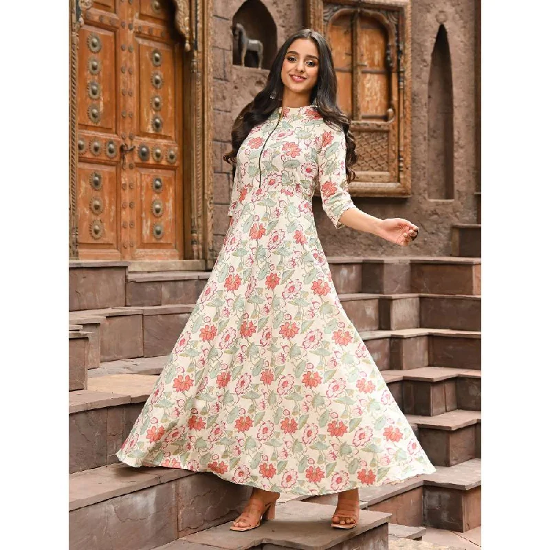Vinya Off White Printed Cotton Zipper Dress