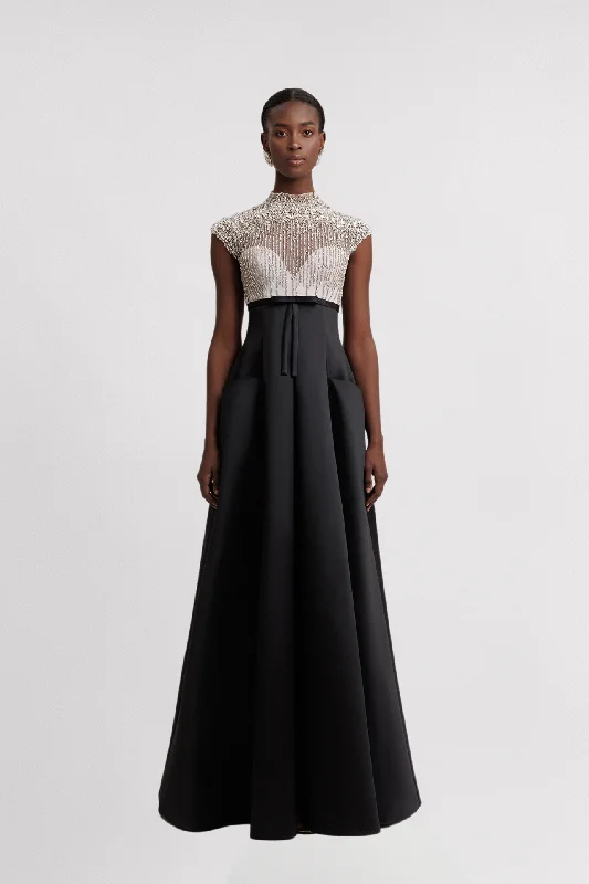 Beaded bodice mikado dress with pockets