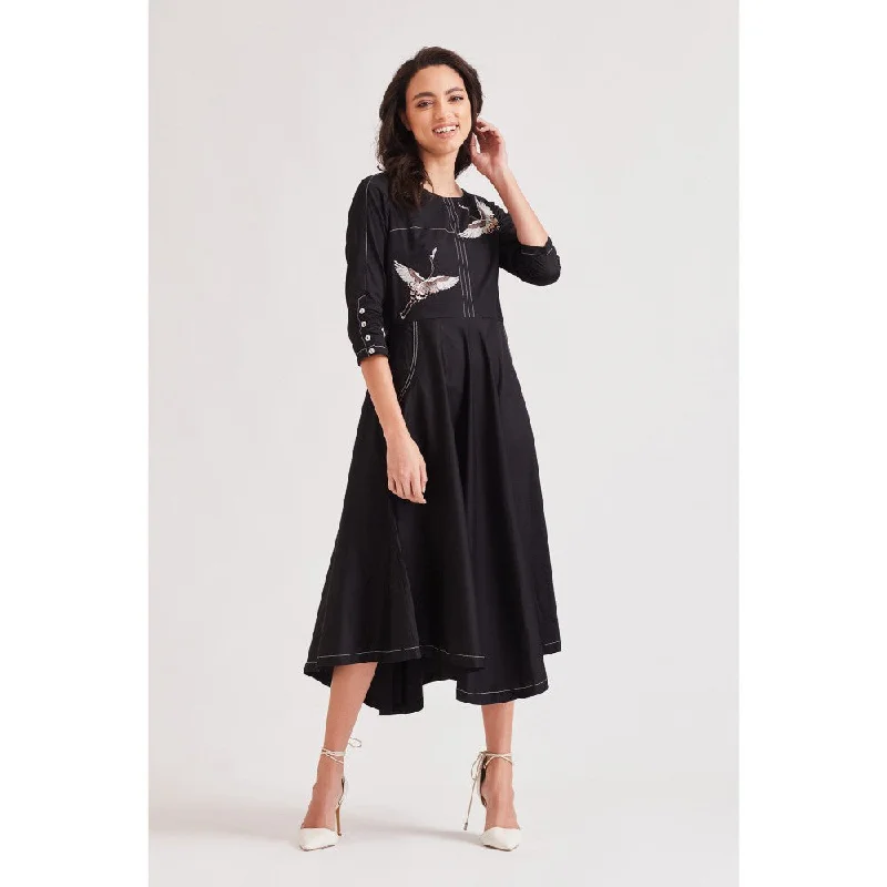 Our Love Wings Black Dress With 3D Embroidered Bird