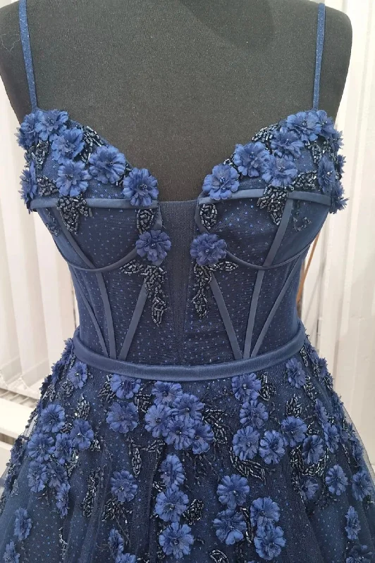 Blue Spaghetti Strap Tulle Appliqu¨¦d Long A-Line Prom Dress