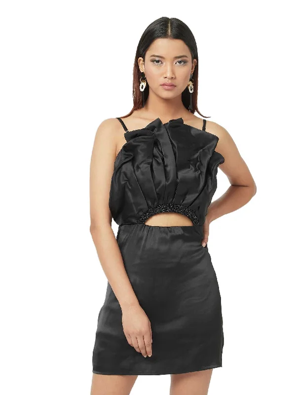 Cut Out Embroidered Black Dress
