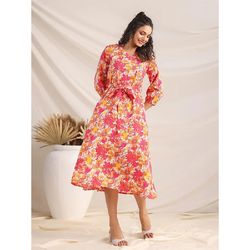 Janasya Women's Multicolour Cotton Floral A-Line Dress with Belt (Set of 2)
