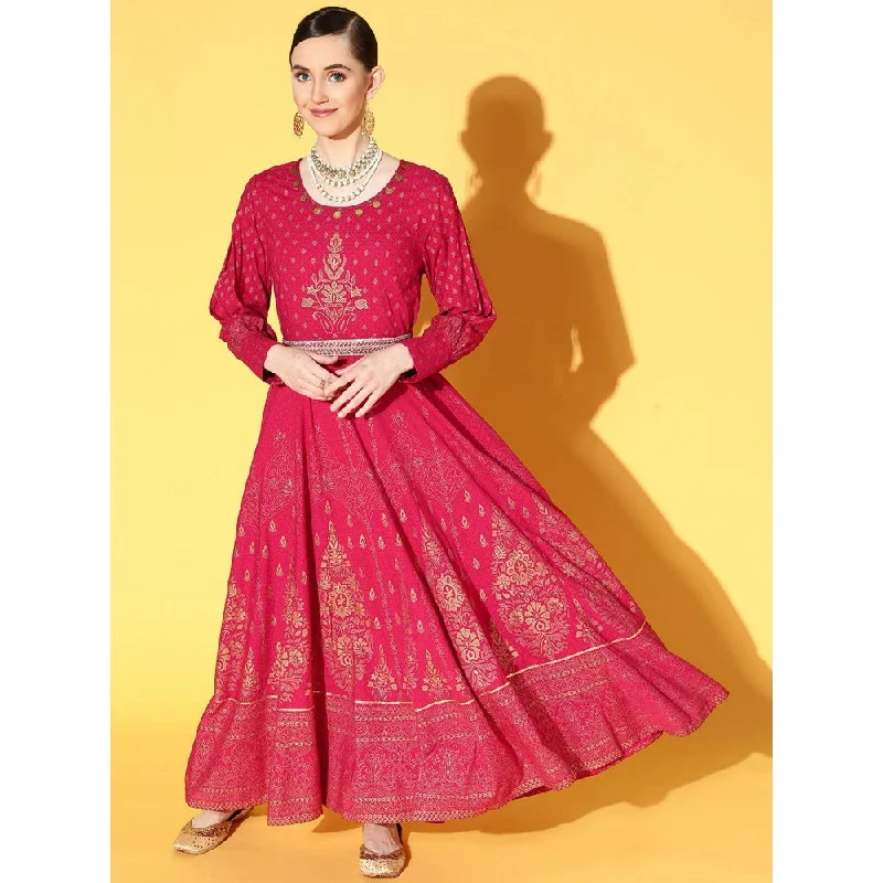 Juniper Fuschia Rayon Printed Flared Dress With Belt