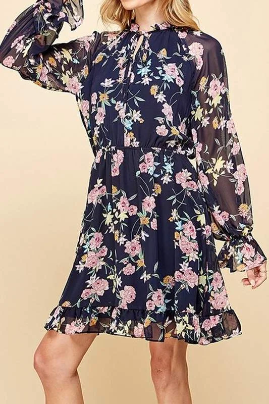 FLORAL CHIFFON RUFFLED DRESS