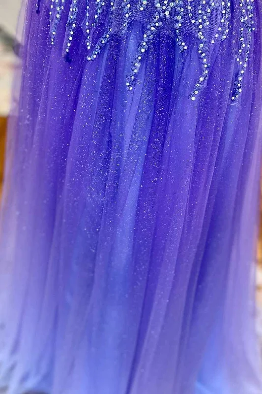 Purple Beaded Plunge Neck Long Prom Dress with Slit